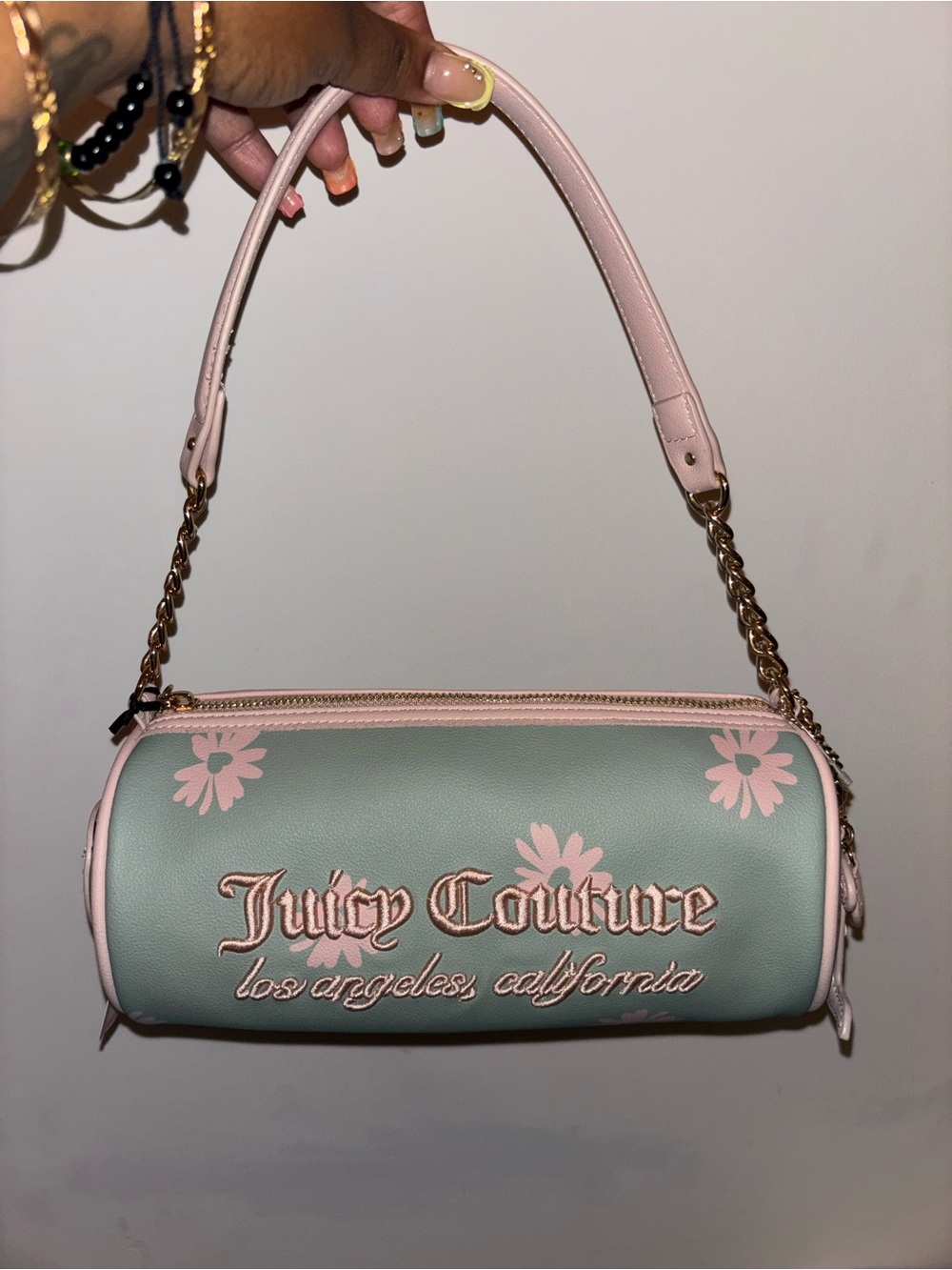 Juicy Couture Pink & Sage Floral Barrel Bag with Gold Chain